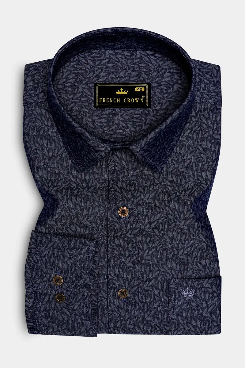 Cedivell-Bleached Cedar Denim Blue Leaf Printed Super Soft Premium Cotton Casual Shirt 4
