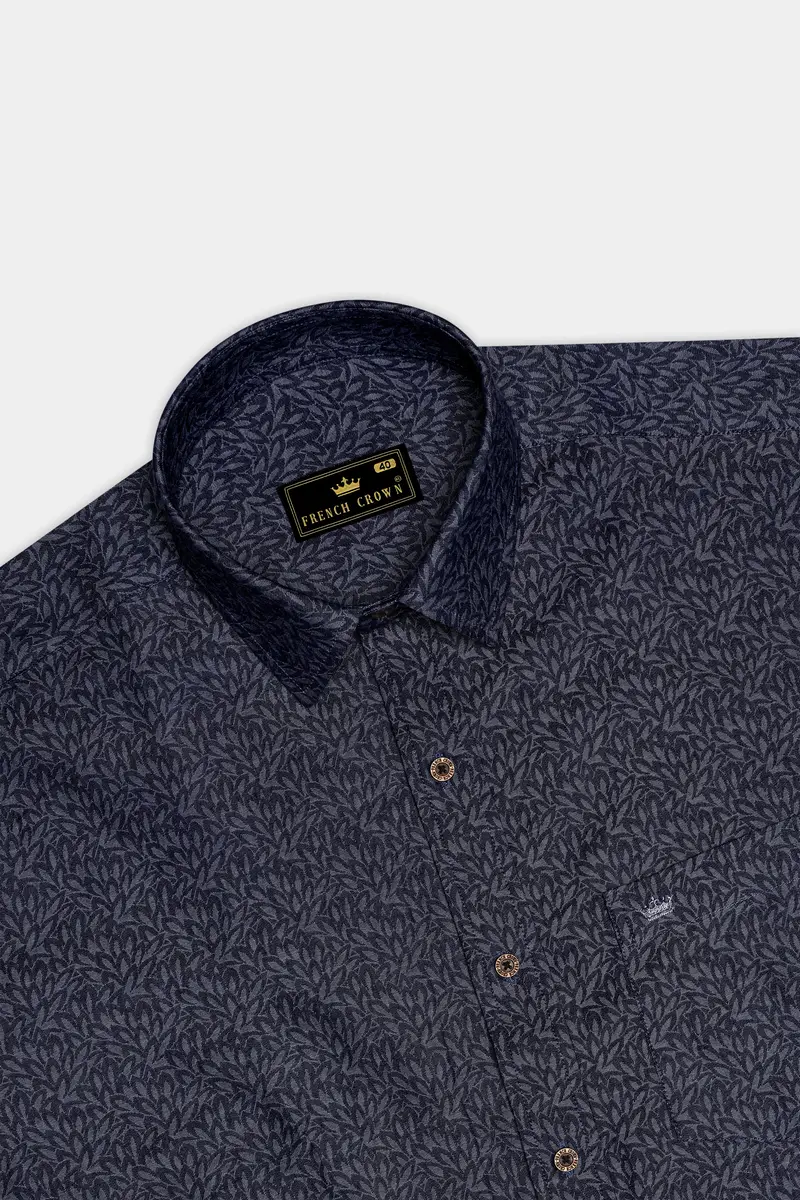 Cedivell-Bleached Cedar Denim Blue Leaf Printed Super Soft Premium Cotton Casual Shirt 5