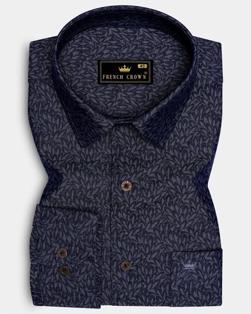 Cedivell-Bleached Cedar Denim Blue Leaf Printed Super Soft Premium Cotton Casual Shirt 6