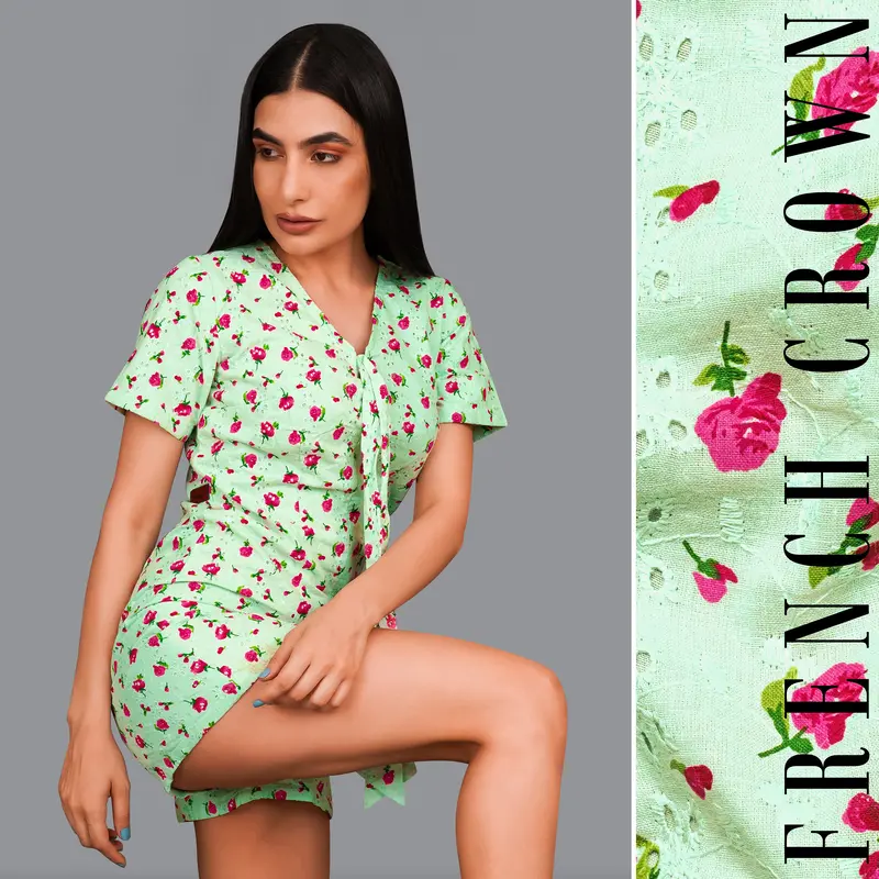 Celadon Green Rose Printed Premium Cotton Jumpsuit 1