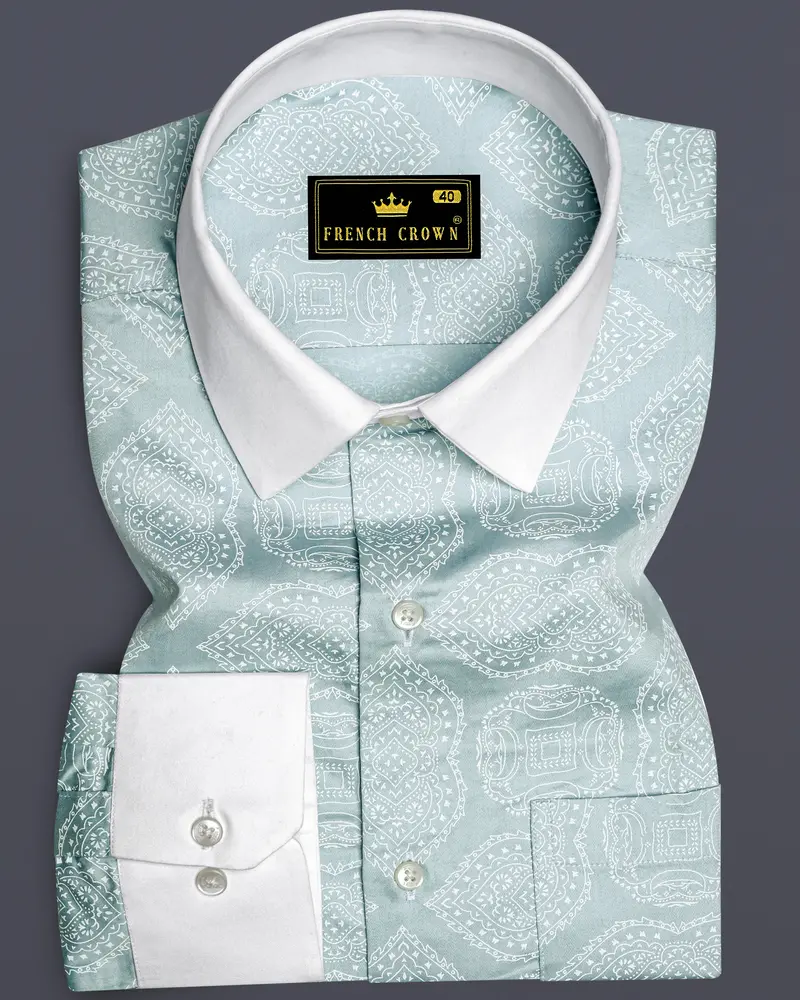 Celavon Pale Aqua Green And Bright White Medallion Printed Super Soft Premium Cotton Semi Formal Shirt 1