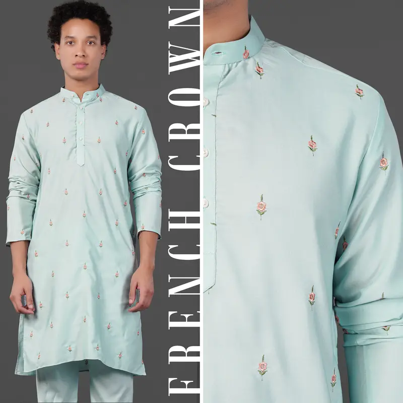 Celeste Blue Floral Embroidered Viscose Designer Kurta 1