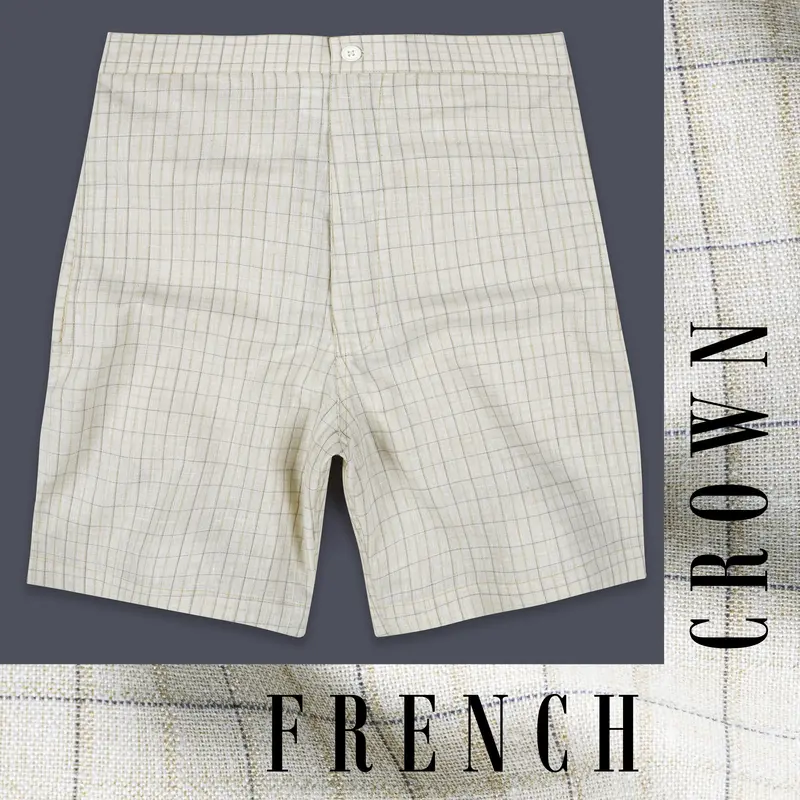 Celeste Cream Checkered Luxurious Linen Shorts 1