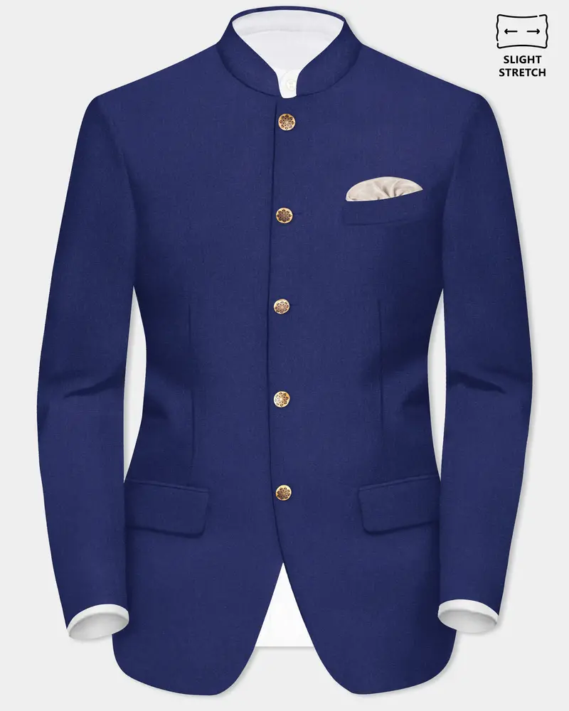 Celestia-Blue Solid Wool Rich Bandhgala Slight Stretch Blazer 1