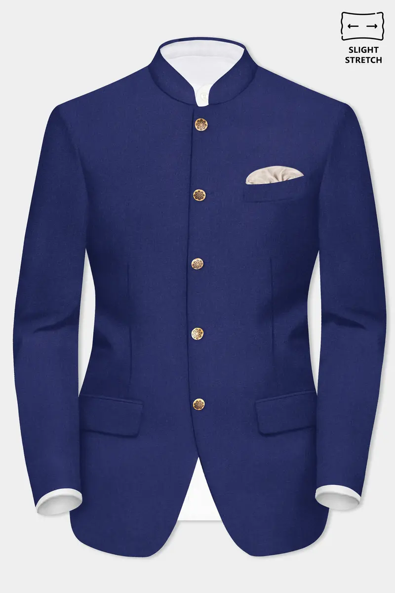 Celestia-Blue Solid Wool Rich Bandhgala Slight Stretch Blazer 2