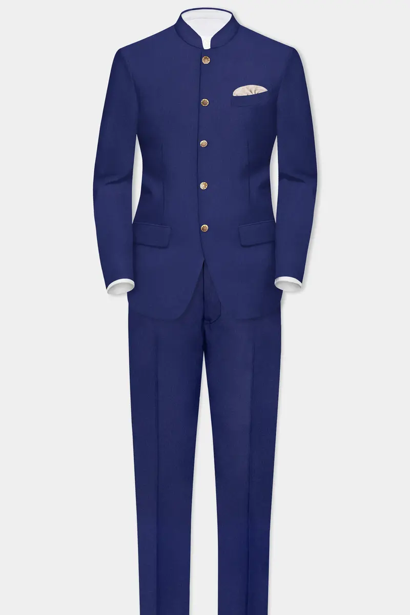 Celestia-Blue Solid Wool Rich Bandhgala Slight Stretch Blazer 8