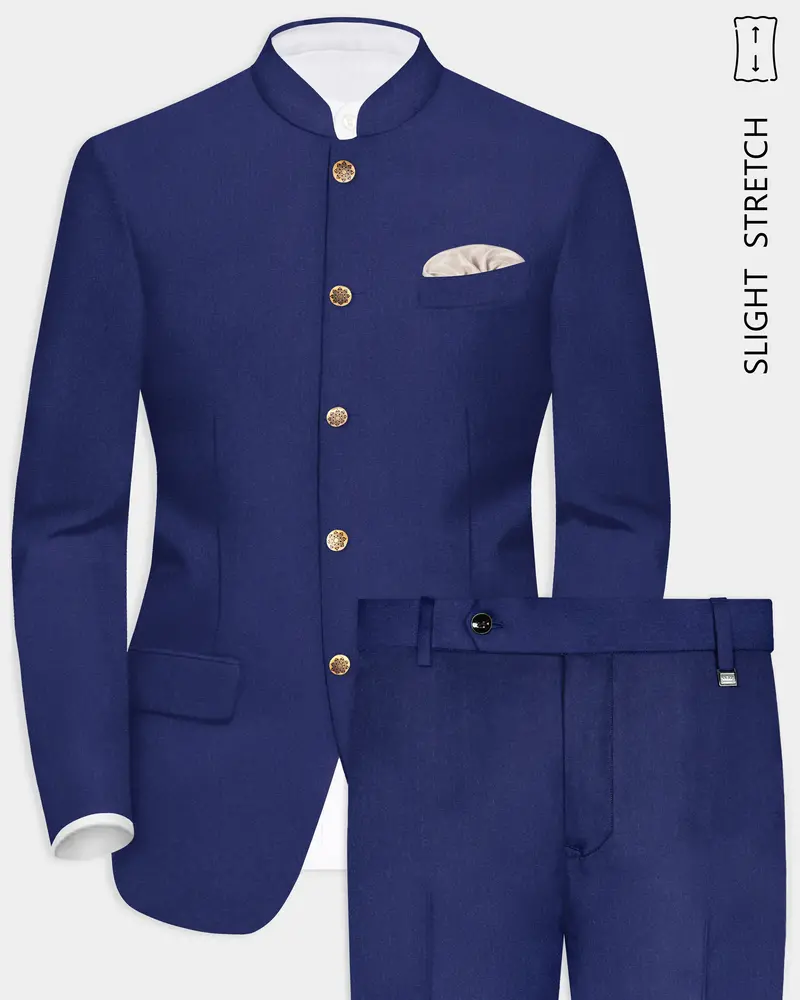 Celestia-Blue Solid Wool Rich Bandhgala Slight Stretch Suit 1