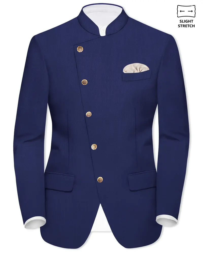 Celestia-Blue Solid Wool Rich Cross Placket Bandhgala Slight Stretch Blazer 1