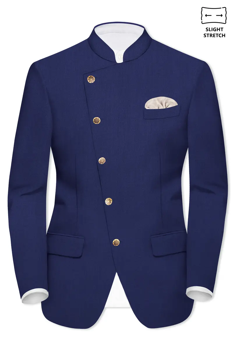 Celestia-Blue Solid Wool Rich Cross Placket Bandhgala Slight Stretch Blazer 2