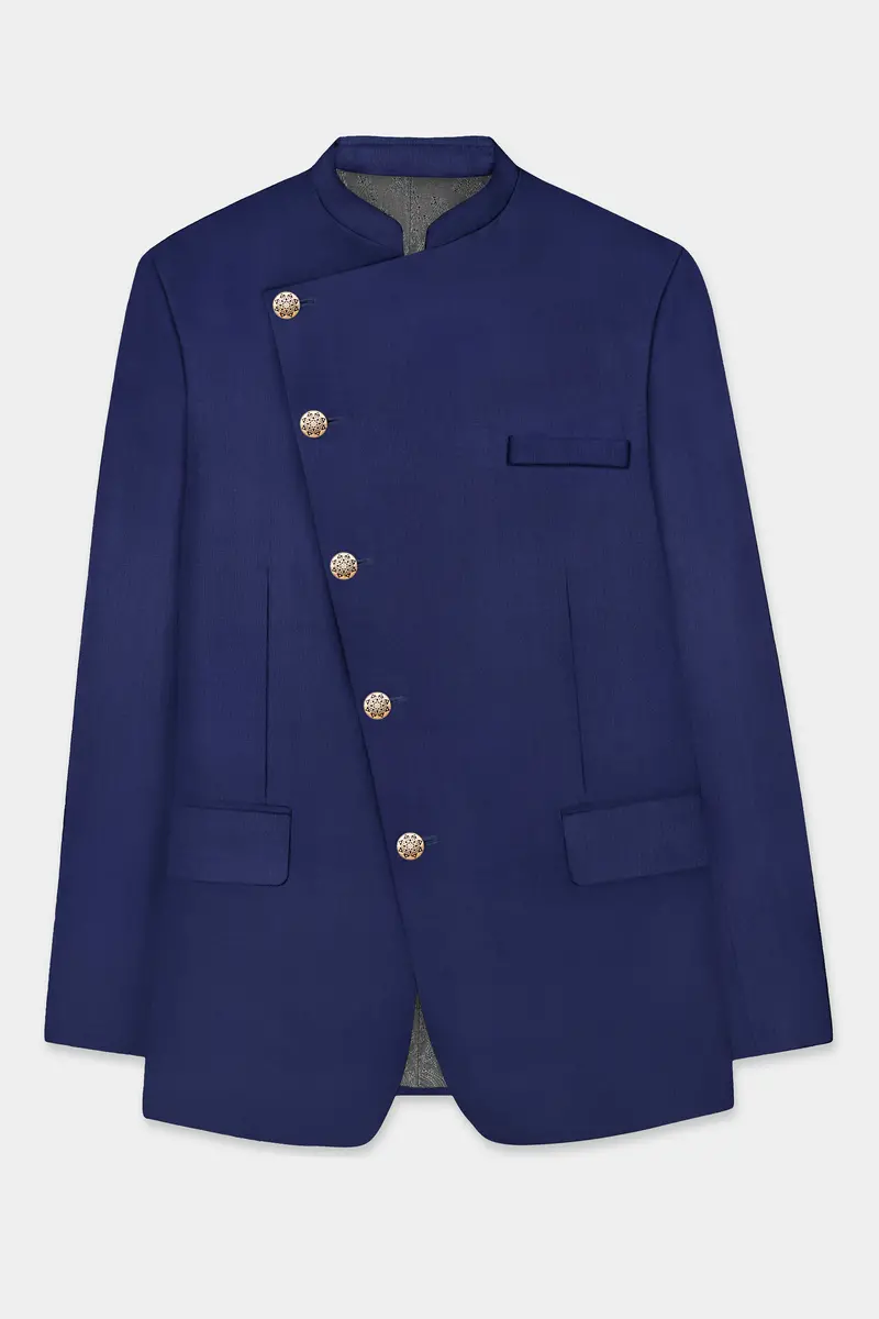 Celestia-Blue Solid Wool Rich Cross Placket Bandhgala Slight Stretch Blazer 6