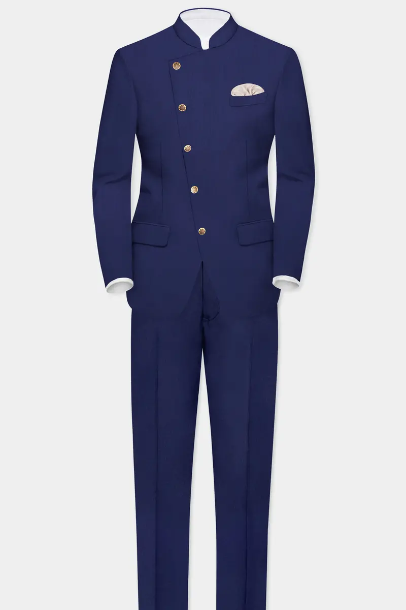 Celestia-Blue Solid Wool Rich Cross Placket Bandhgala Slight Stretch Blazer 8