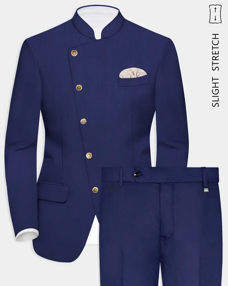 Celestia-Blue Solid Wool Rich Cross Placket Bandhgala Slight Stretch Suit 1
