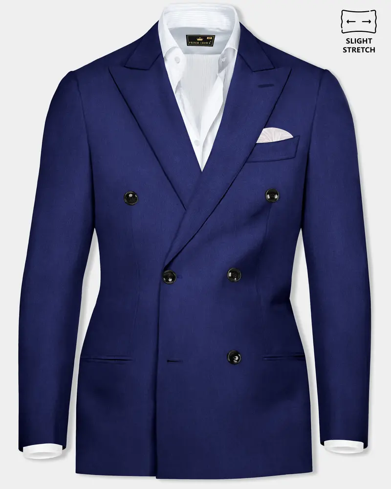 Celestia-Blue Solid Wool Rich Double Breasted Slight Stretch Blazer 1