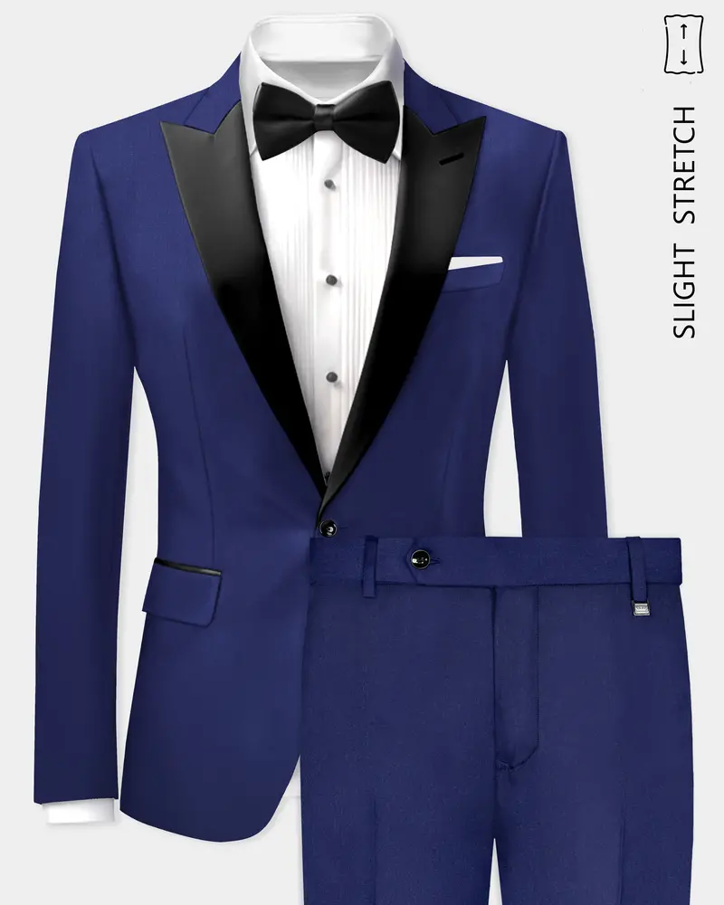Celestia-Blue Solid Wool Rich Peak Lapel Tuxedo Slight Stretch Suit 1