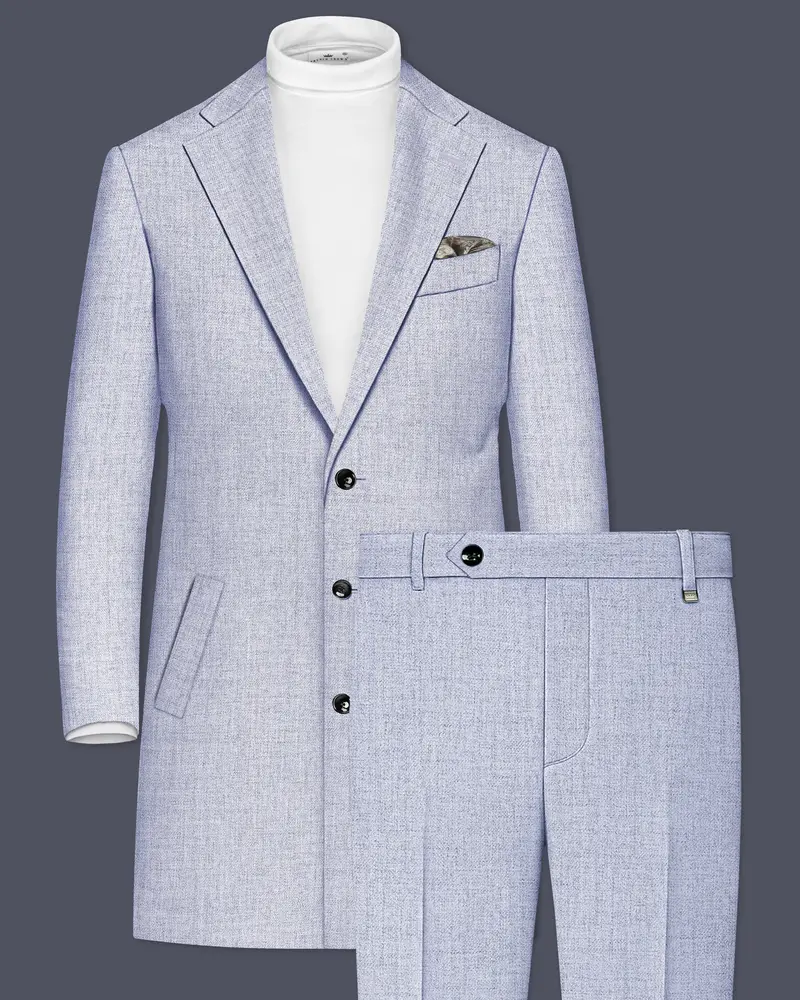Celestia-Frosted Lilac Blue Textured Tweed Single Breasted Overcoat With Pant 1