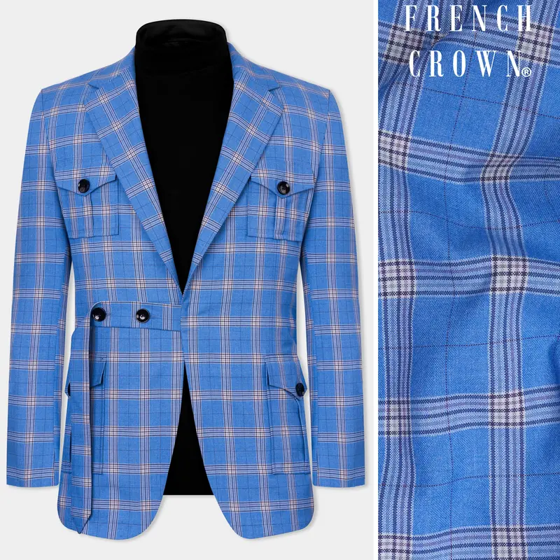 Celestial Blue And Martinique Purple Plaid Wool Rich Designer Blazer 1