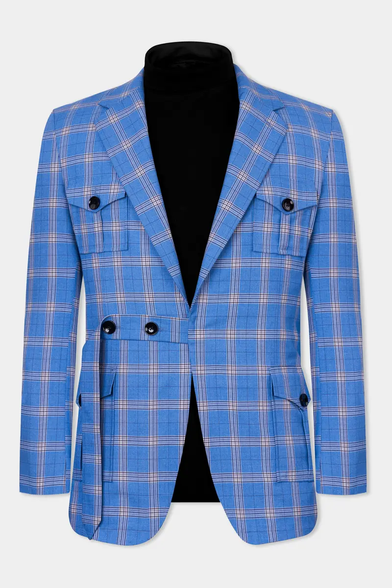 Celestial Blue And Martinique Purple Plaid Wool Rich Designer Blazer 2