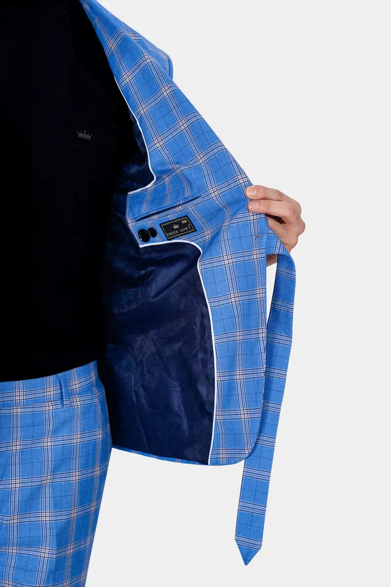 Celestial Blue And Martinique Purple Plaid Wool Rich Designer Blazer 4