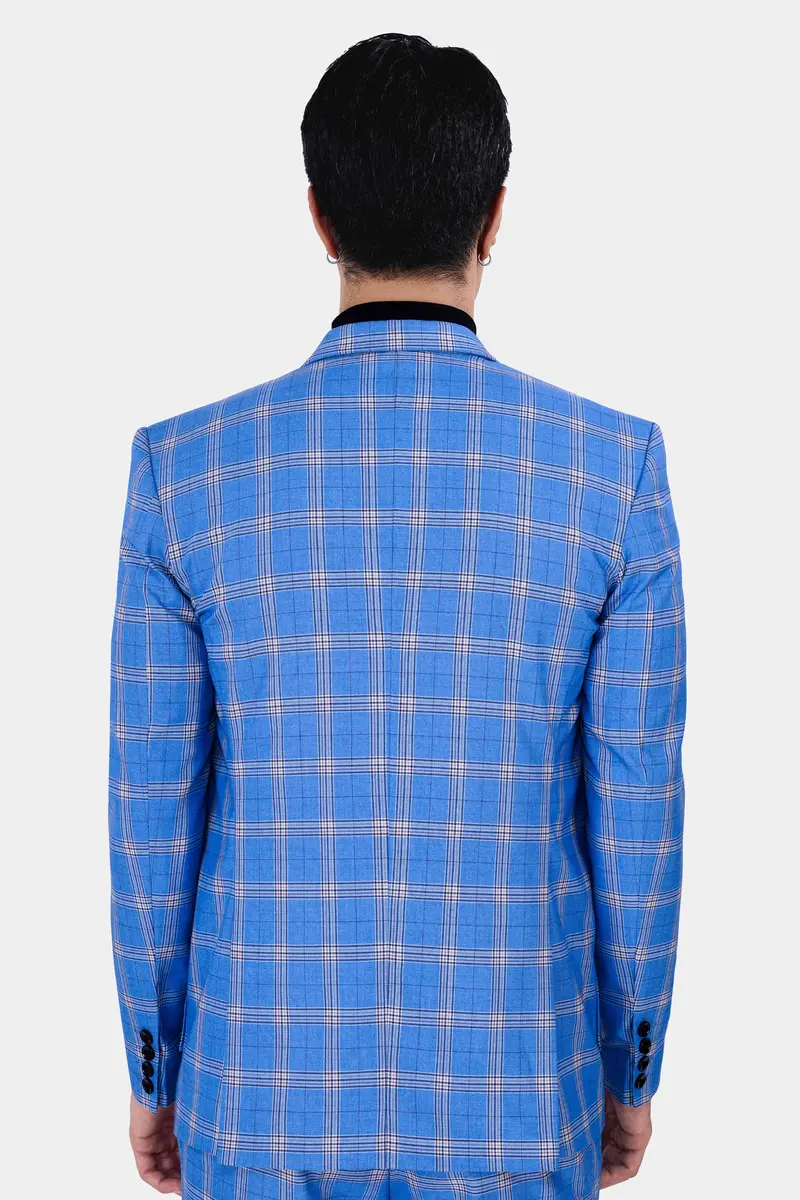 Celestial Blue And Martinique Purple Plaid Wool Rich Designer Blazer 5
