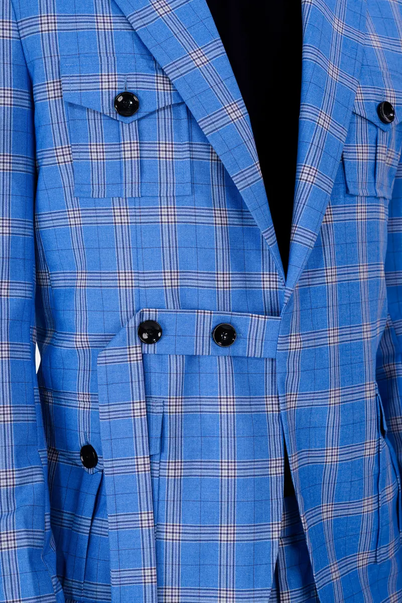 Celestial Blue And Martinique Purple Plaid Wool Rich Designer Blazer 6