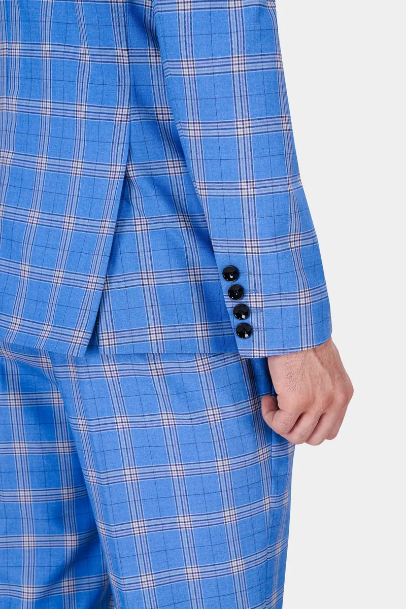 Celestial Blue And Martinique Purple Plaid Wool Rich Designer Blazer 7