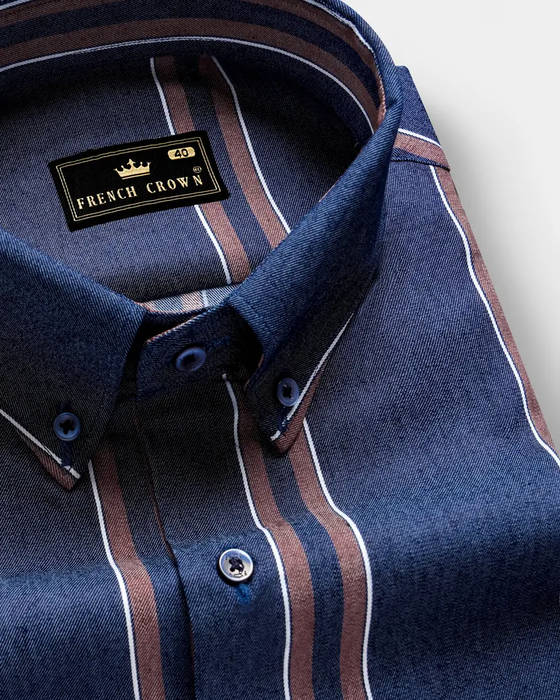 Celestial-Blue And Russett Brown Stripes Denim Premium Cotton Casual Shirt 1