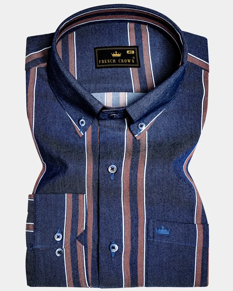 Celestial-Blue And Russett Brown Stripes Denim Premium Cotton Casual Shirt 10