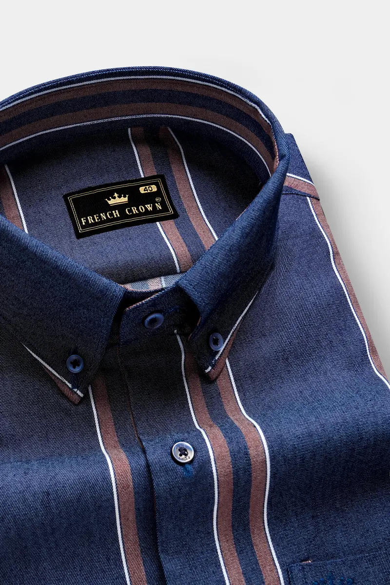 Celestial-Blue And Russett Brown Stripes Denim Premium Cotton Casual Shirt 2