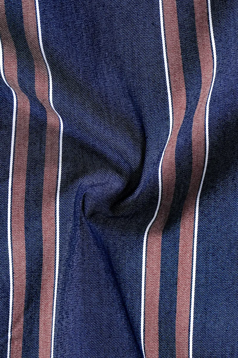 Celestial-Blue And Russett Brown Stripes Denim Premium Cotton Casual Shirt 3