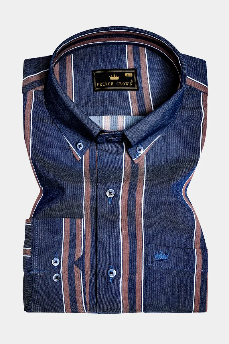Celestial-Blue And Russett Brown Stripes Denim Premium Cotton Casual Shirt 4