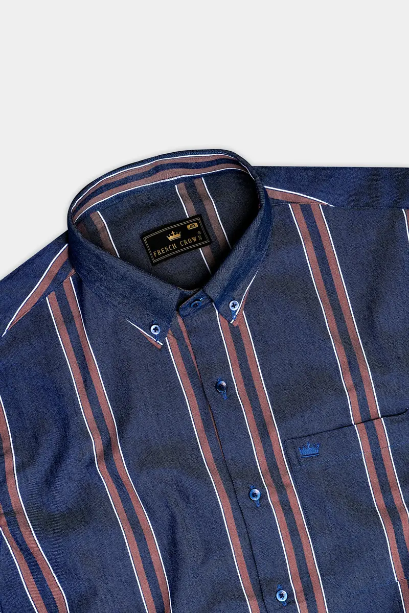 Celestial-Blue And Russett Brown Stripes Denim Premium Cotton Casual Shirt 5