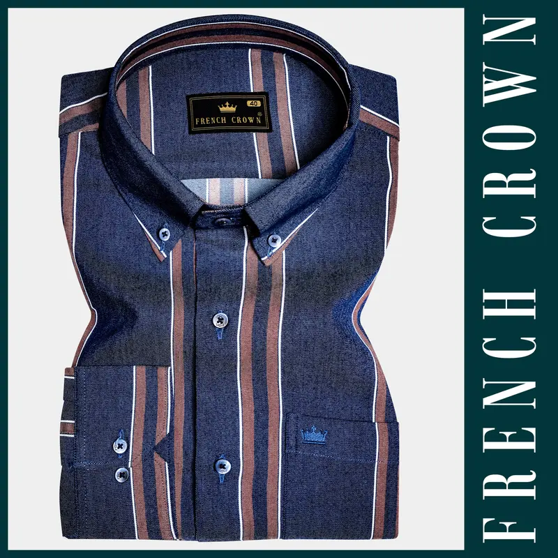 Celestial-Blue And Russett Brown Stripes Denim Premium Cotton Casual Shirt 6