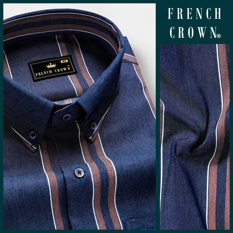 Celestial-Blue And Russett Brown Stripes Denim Premium Cotton Casual Shirt 9