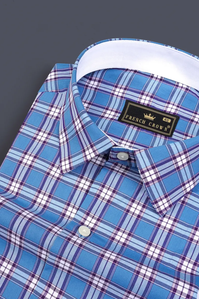 Celestial Blue Checks Plaid Premium Giza Cotton Shirt 1