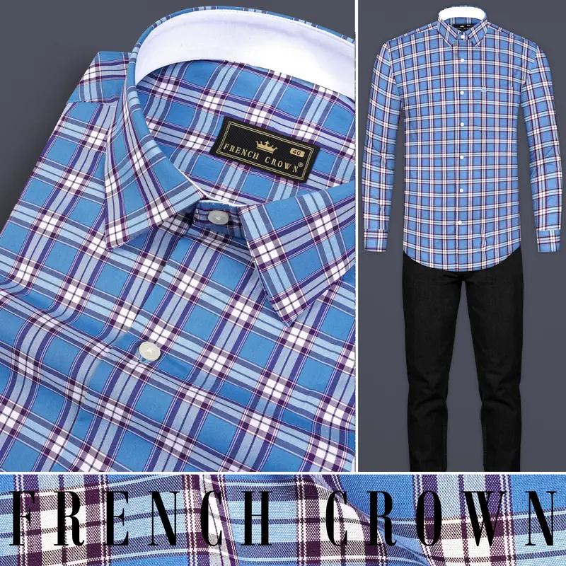 Celestial Blue Checks Plaid Premium Giza Cotton Shirt 10
