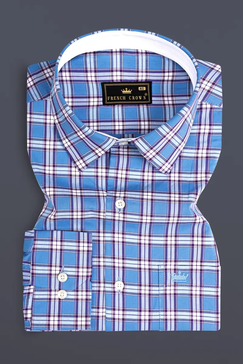 Celestial Blue Checks Plaid Premium Giza Cotton Shirt 3