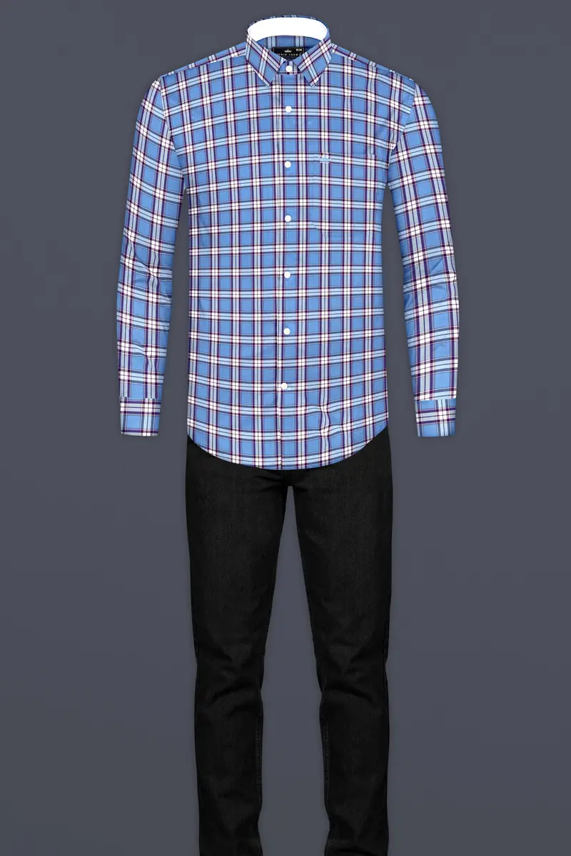 Celestial Blue Checks Plaid Premium Giza Cotton Shirt 4