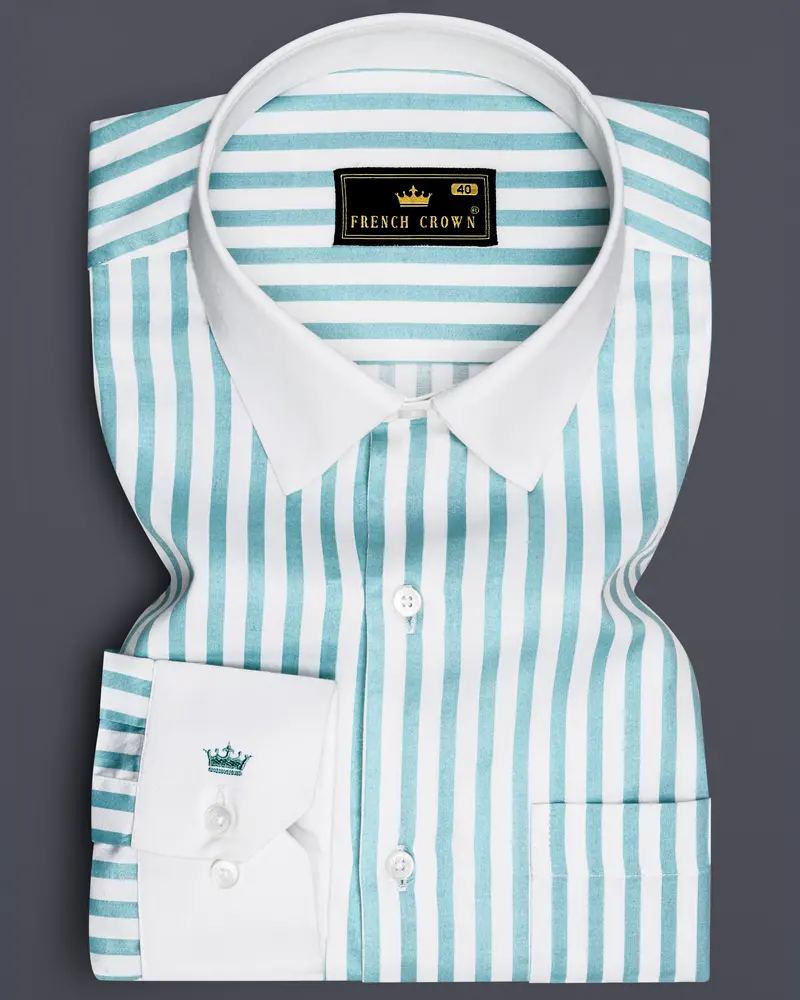 Celestio-Stream Blue And Bright White Candy Striped Super Soft Premium Cotton Dress White Cuff Collar Shirt 1