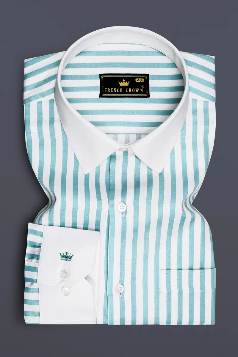 Celestio-Stream Blue And Bright White Candy Striped Super Soft Premium Cotton Dress White Cuff Collar Shirt 2