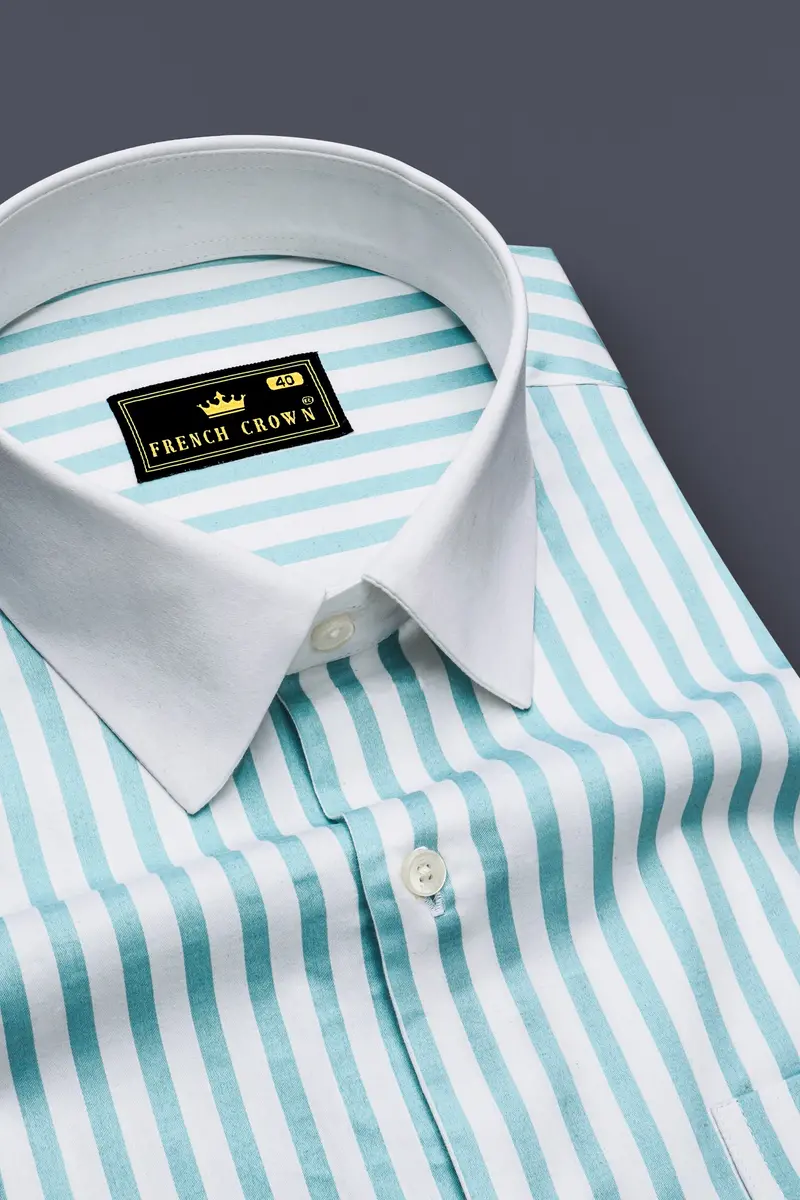 Celestio-Stream Blue And Bright White Candy Striped Super Soft Premium Cotton Dress White Cuff Collar Shirt 4