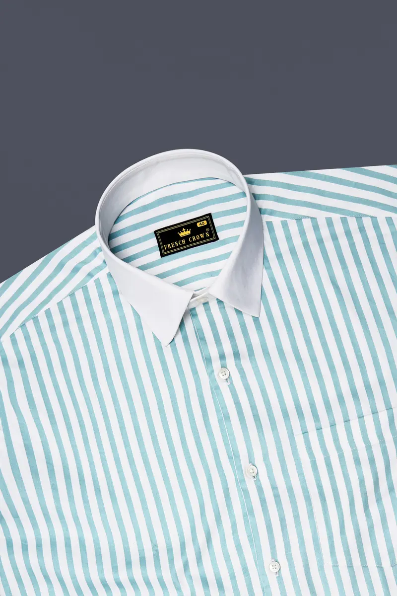 Celestio-Stream Blue And Bright White Candy Striped Super Soft Premium Cotton Dress White Cuff Collar Shirt 5