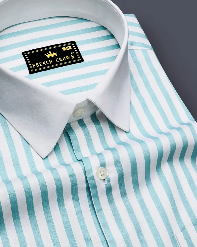 Celestio-Stream Blue And Bright White Candy Striped Super Soft Premium Cotton Dress White Cuff Collar Shirt 6