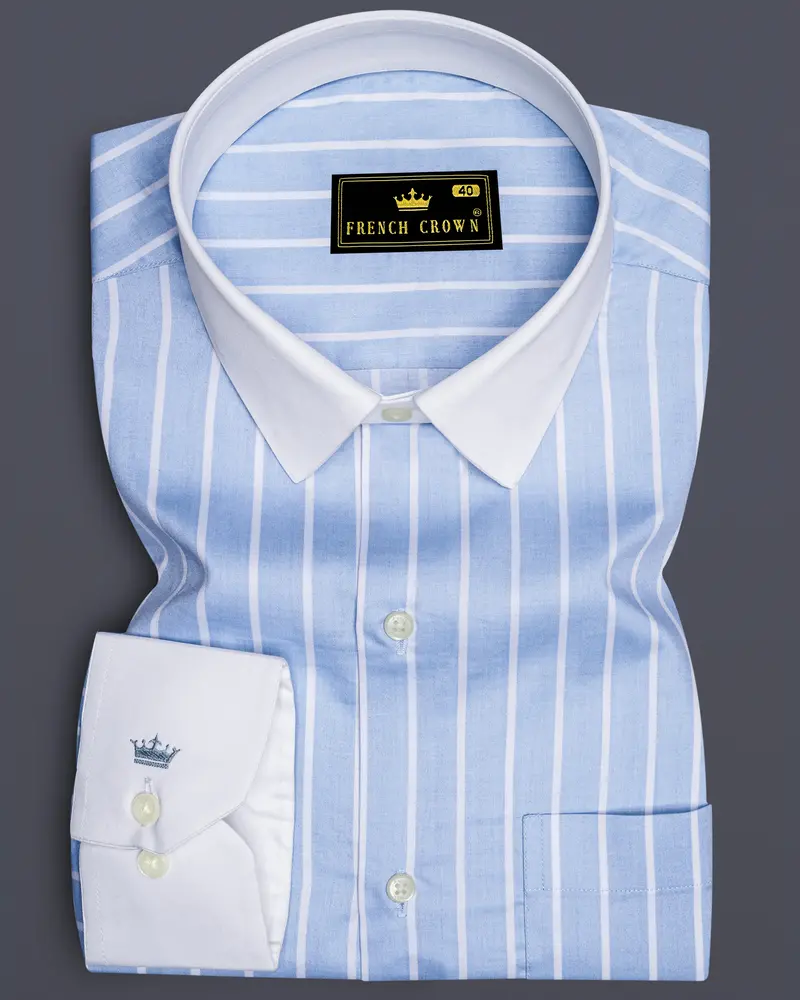 Celesto-Spindle Blue And Bright White Pin Striped Super Soft Premium Cotton Dress White Cuff Collar Shirt 1