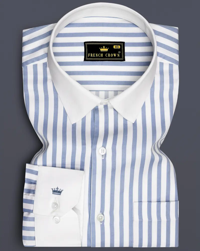 Celestyn-Nepal Blue And Bright White Candy Striped Super Soft Premium Cotton Dress White Cuff Collar Shirt 1