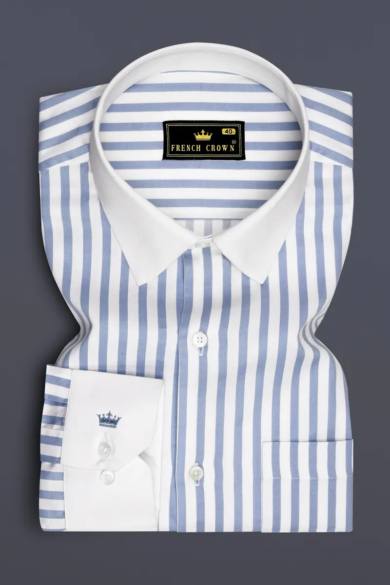 Celestyn-Nepal Blue And Bright White Candy Striped Super Soft Premium Cotton Dress White Cuff Collar Shirt 2
