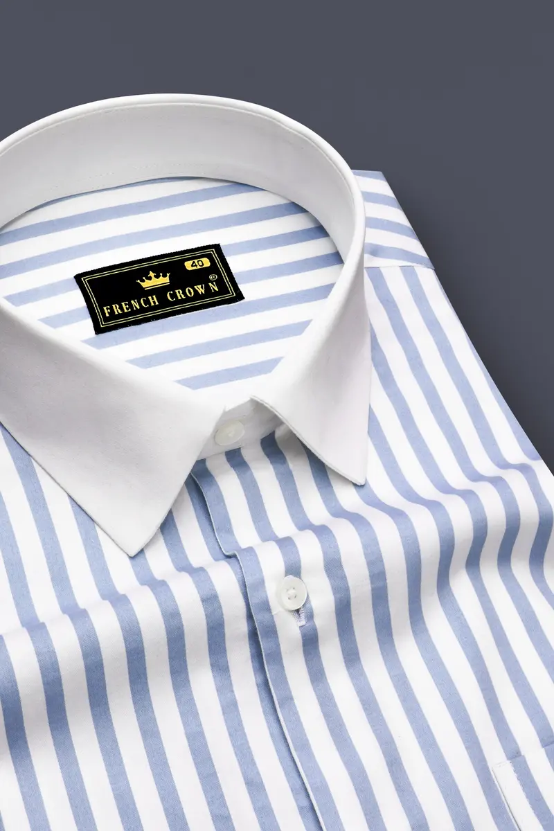 Celestyn-Nepal Blue And Bright White Candy Striped Super Soft Premium Cotton Dress White Cuff Collar Shirt 4