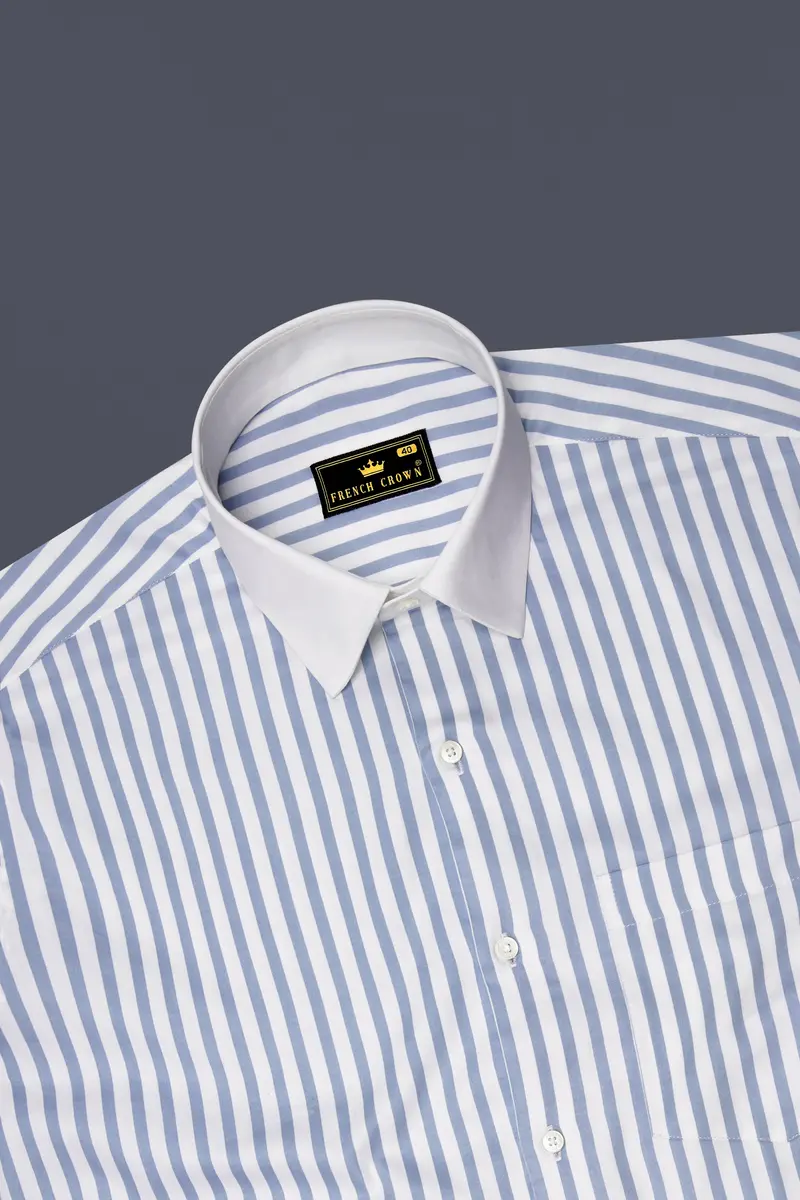 Celestyn-Nepal Blue And Bright White Candy Striped Super Soft Premium Cotton Dress White Cuff Collar Shirt 5