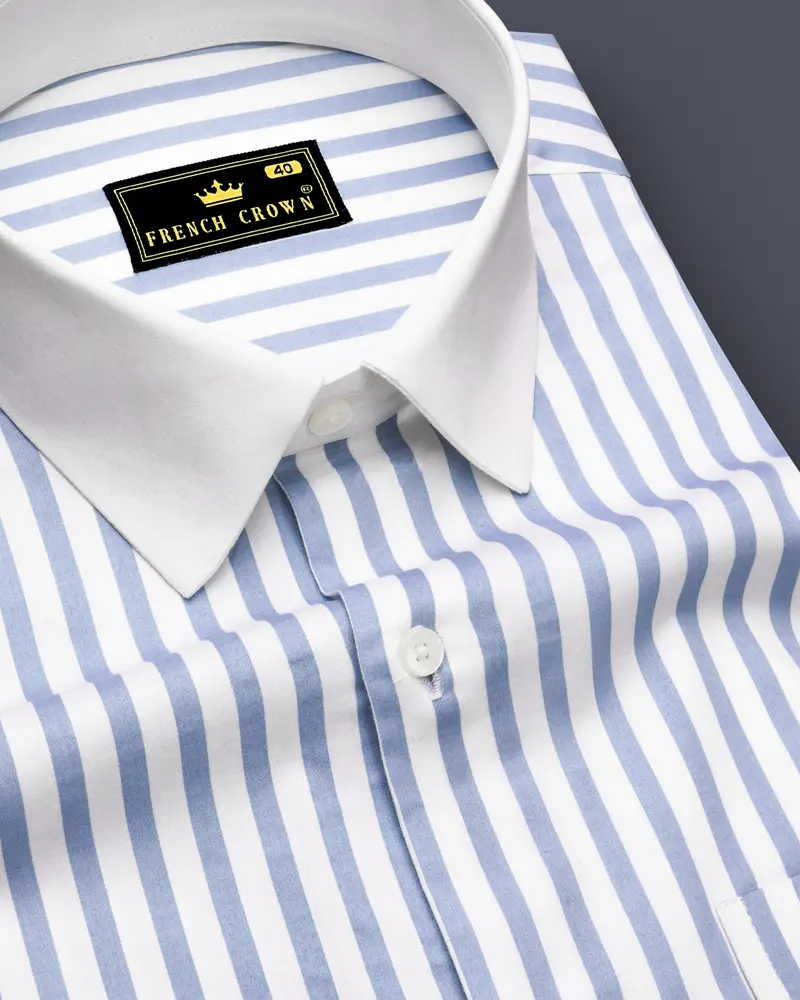 Celestyn-Nepal Blue And Bright White Candy Striped Super Soft Premium Cotton Dress White Cuff Collar Shirt 6