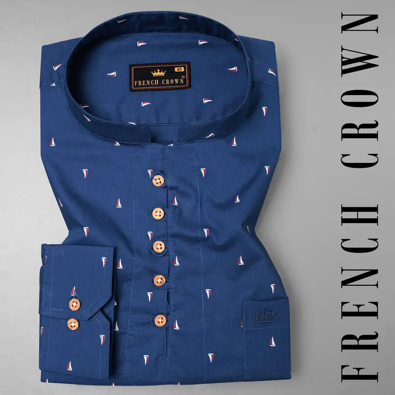 Cello Blue Boats Printed Premium Cotton Kurta Shirt 1