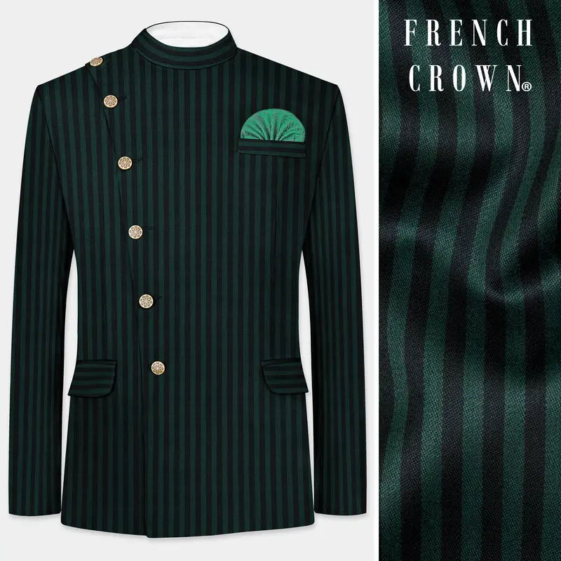 Celtic Green With Black Striped Wool Rich Cross Placket Bandhgala Blazer 1